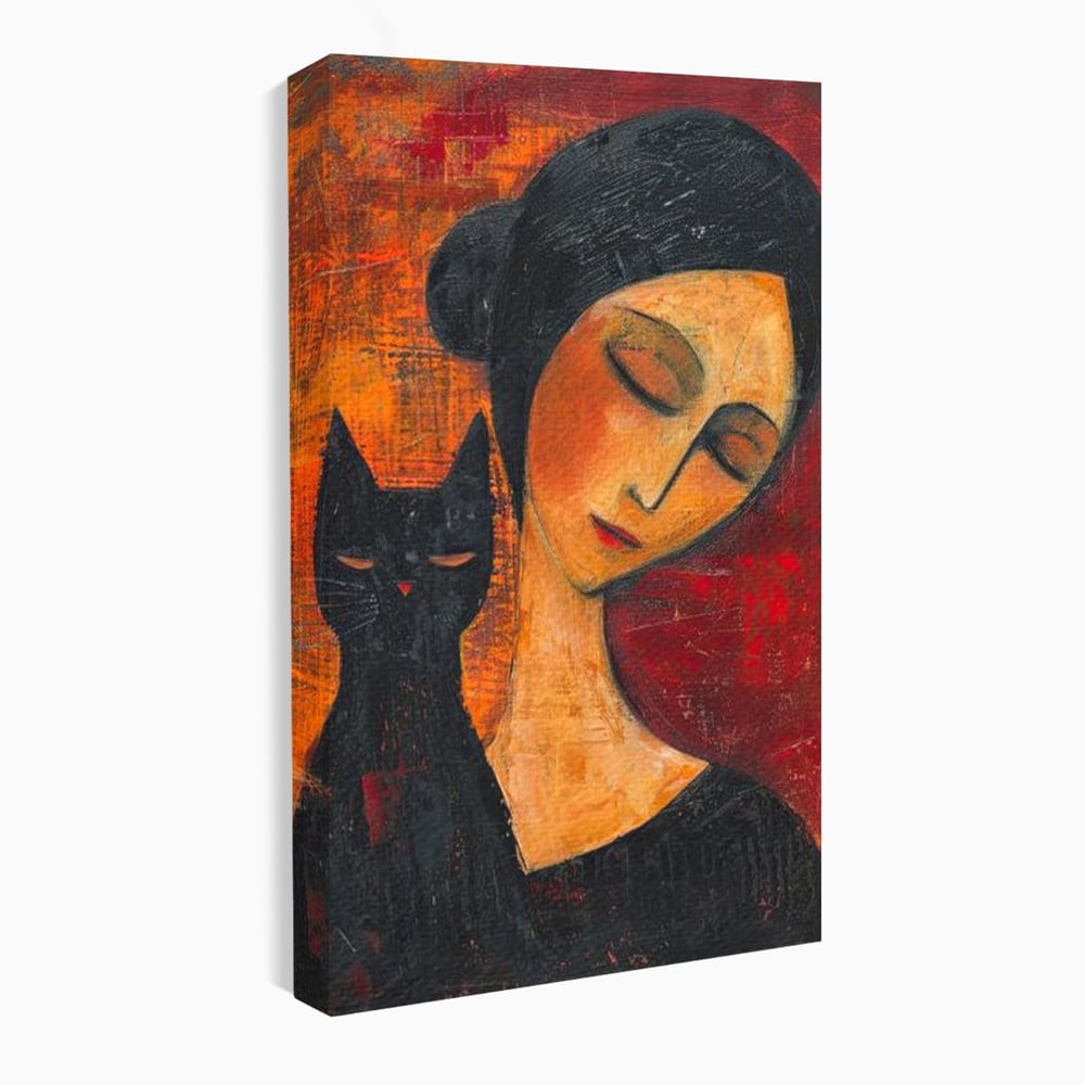 Tablou canvas cu pictura cu femeie si pisica neagra, fara rama, pe sasiu de lemn